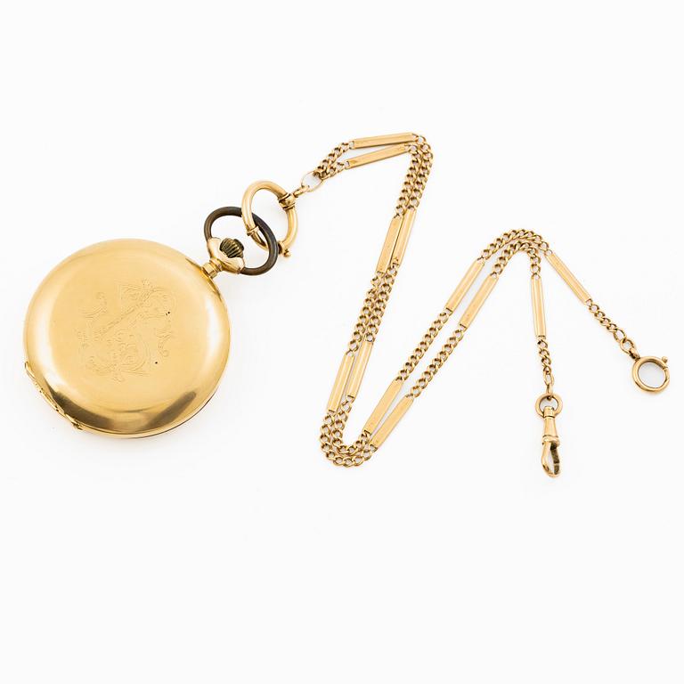 Pocket watch, hunter, 18K gold, chain 18K gold, 55 mm.