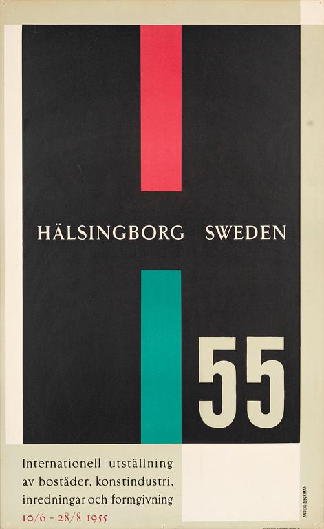 Anders Beckman, Utställningsaffisch, "H-55 - Internationell utställning av bostäder, konstindustri, inredningar och formgivning", 1955.