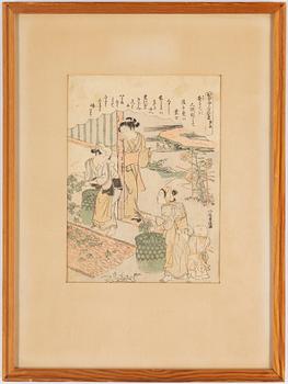 KITAGAWA UTAMARO, samt KATSUKAWA SHUNSHO, efter. Färgträsnitt, två stycken. Japan, sent 1800-tal/tidigt 1900-tal.
