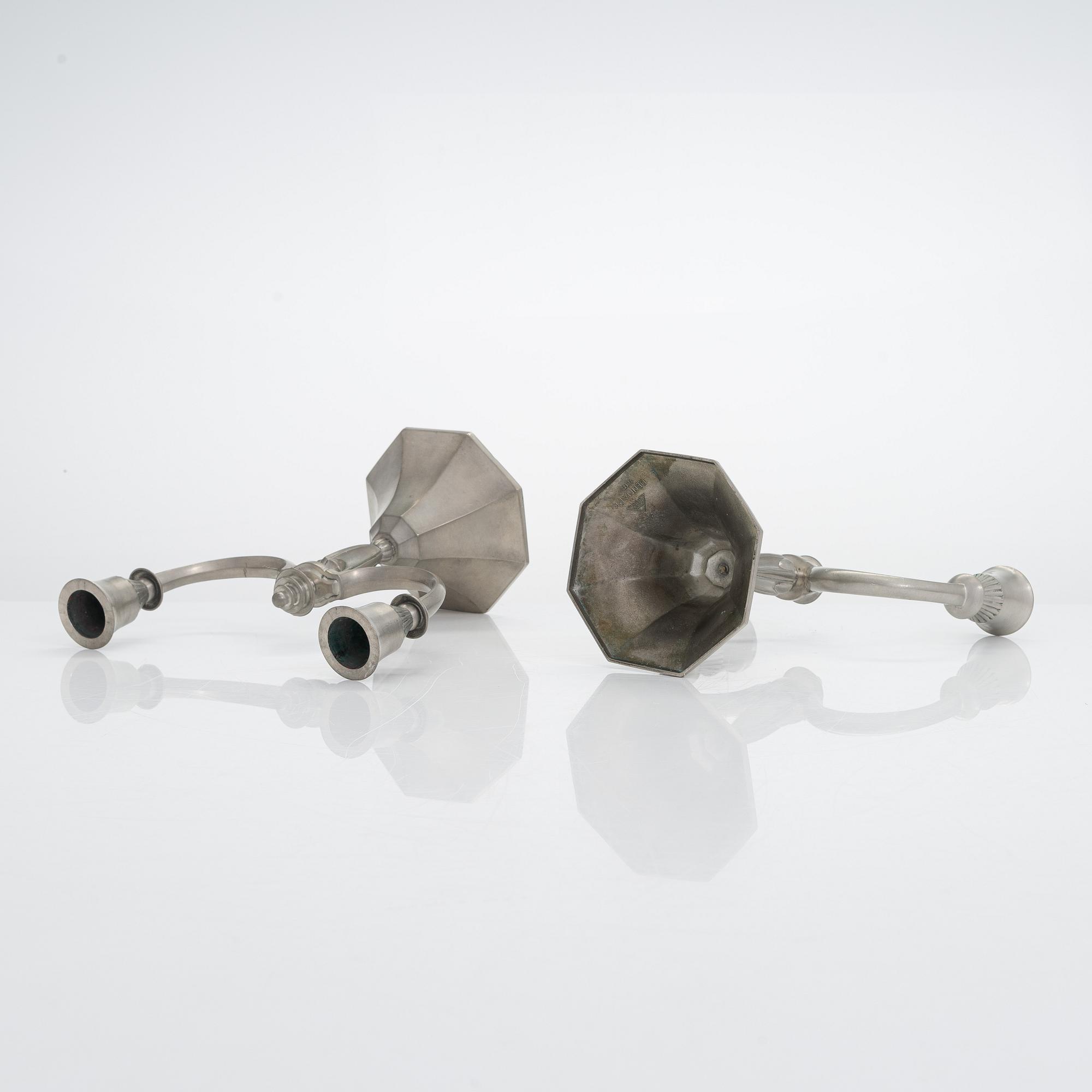 Just Andersen, A pair of danish pewter candelabra.