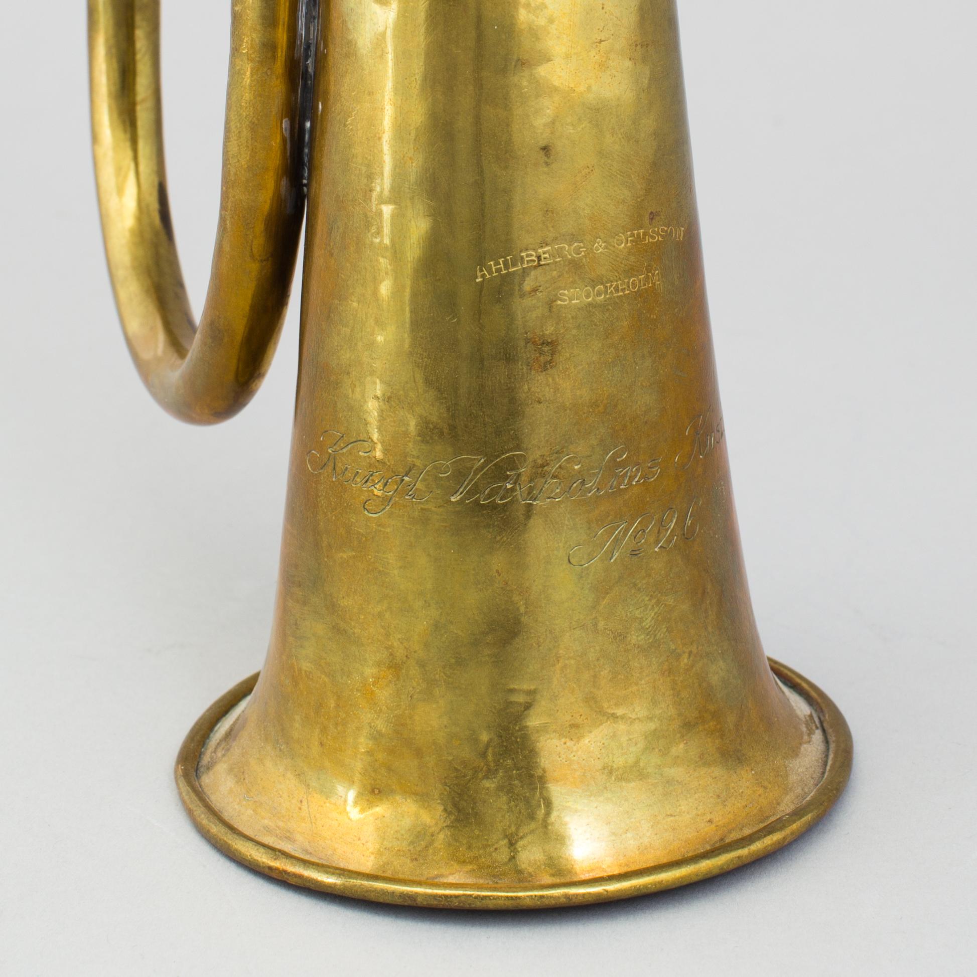A Swedish early 20th century military brass horn Ahlberg & Ohlsson, Stockholm.