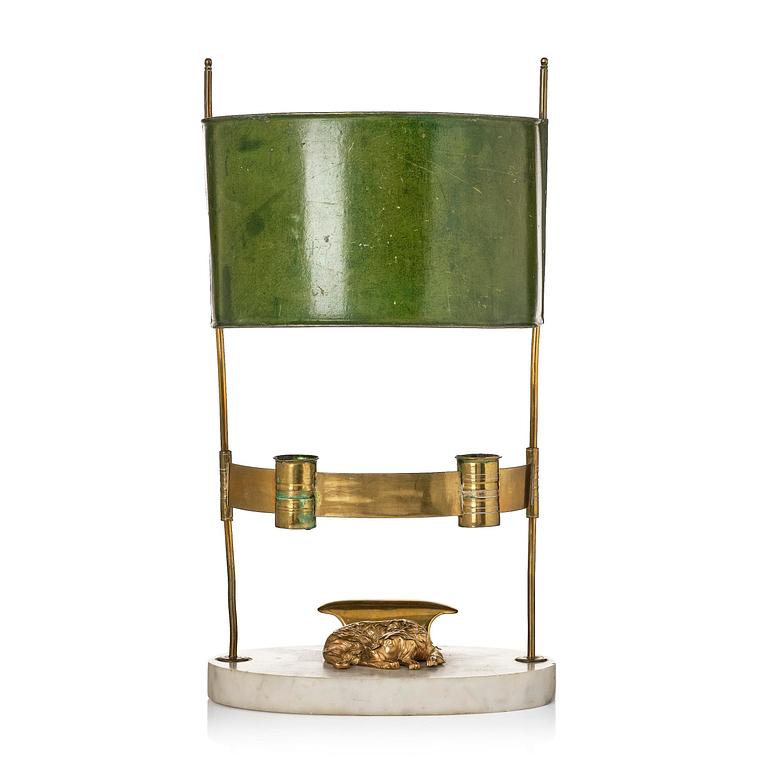 A late-Gustavian ormolu, tole-peinte and marble two-light reading light, Stockholm, late 18th century.