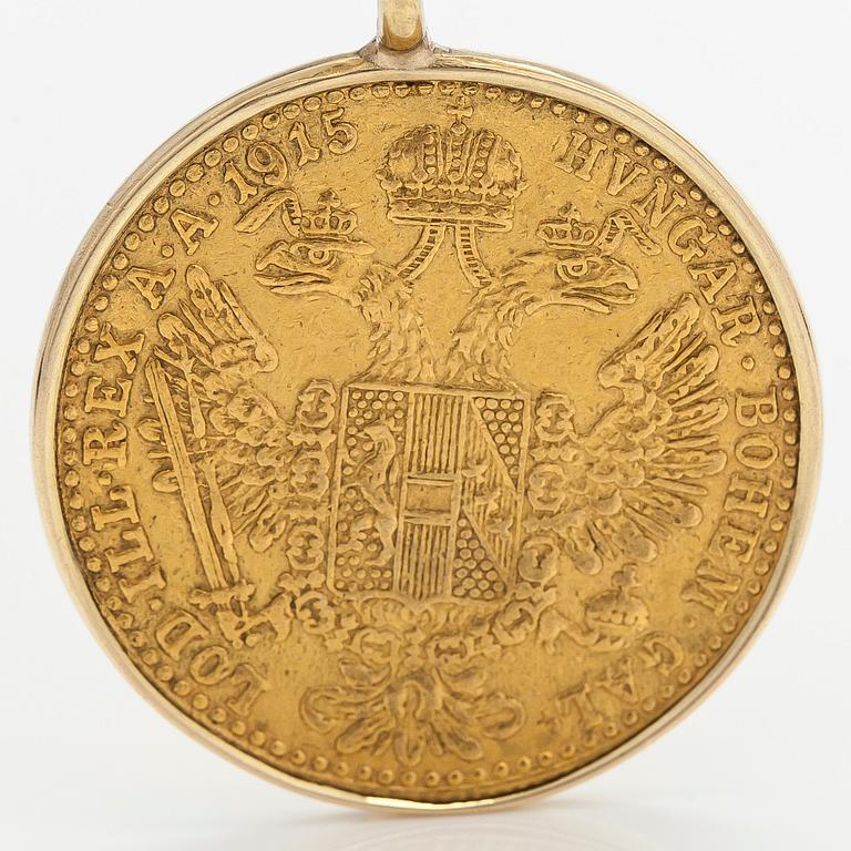 A gold coin pendant, Frans Josef I, Austria-Hungary, 1915. with a 14K gold chain.