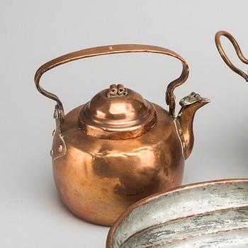 Six 19th century copper pots and pans.