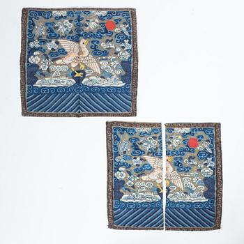 Two kesi silk and metal thread insignias/buzi, Qing dynasty, 19th century.