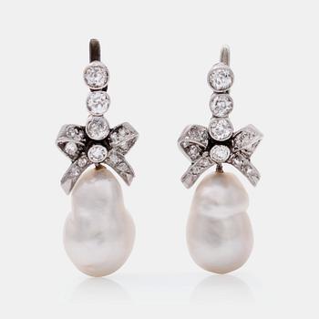 478. A pair of baroque probably natural saltwater pearl and old-cut diamond earrings.