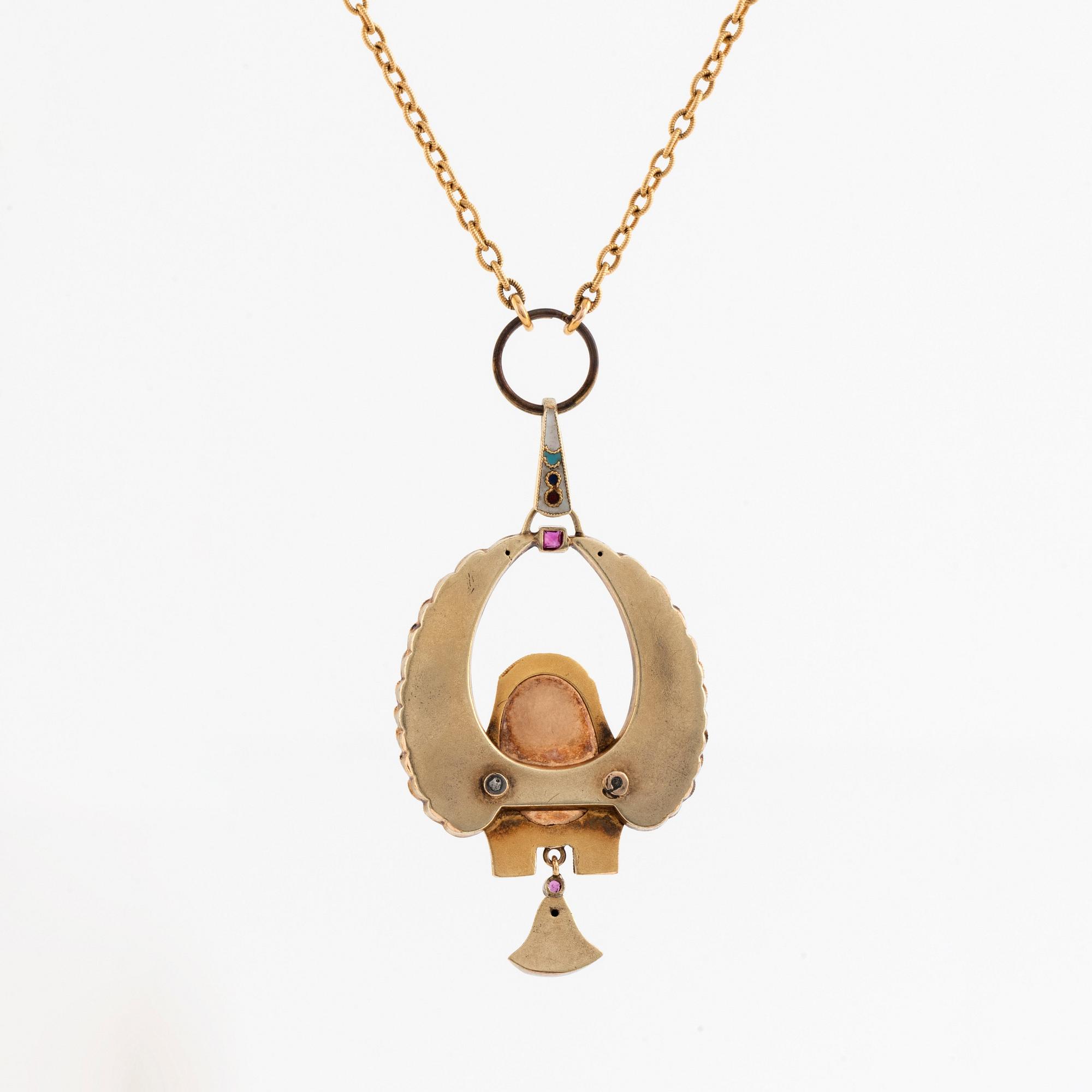 Gold with enamel and turquoise, seed pearls, rose cut diamond and ruby egyptian style necklace 1800's.