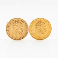 Gold coins, 2 pcs, 20 marks, 1872, 1873, German Empire, Wilhelm I.