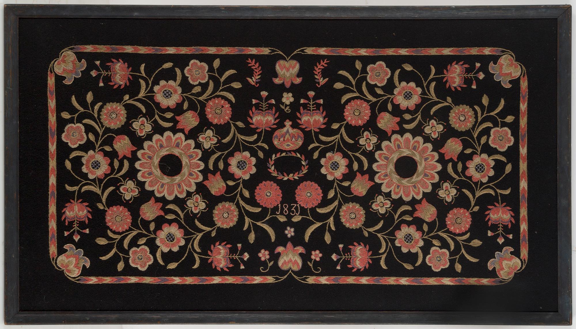 AN EMBROIDERY, wool on wool, ca 73,5 x 132 cm (plus 3 cm frame), Sweden first half of the 20th century, probably Scania.