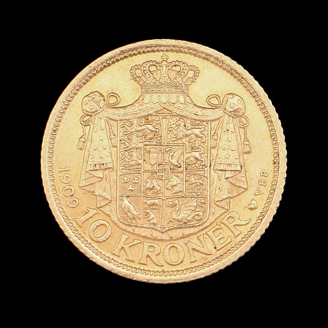 GULDMYNT, Frederik VIII, Danmark, 10 kr, 1909. Vikt ca 5 g.