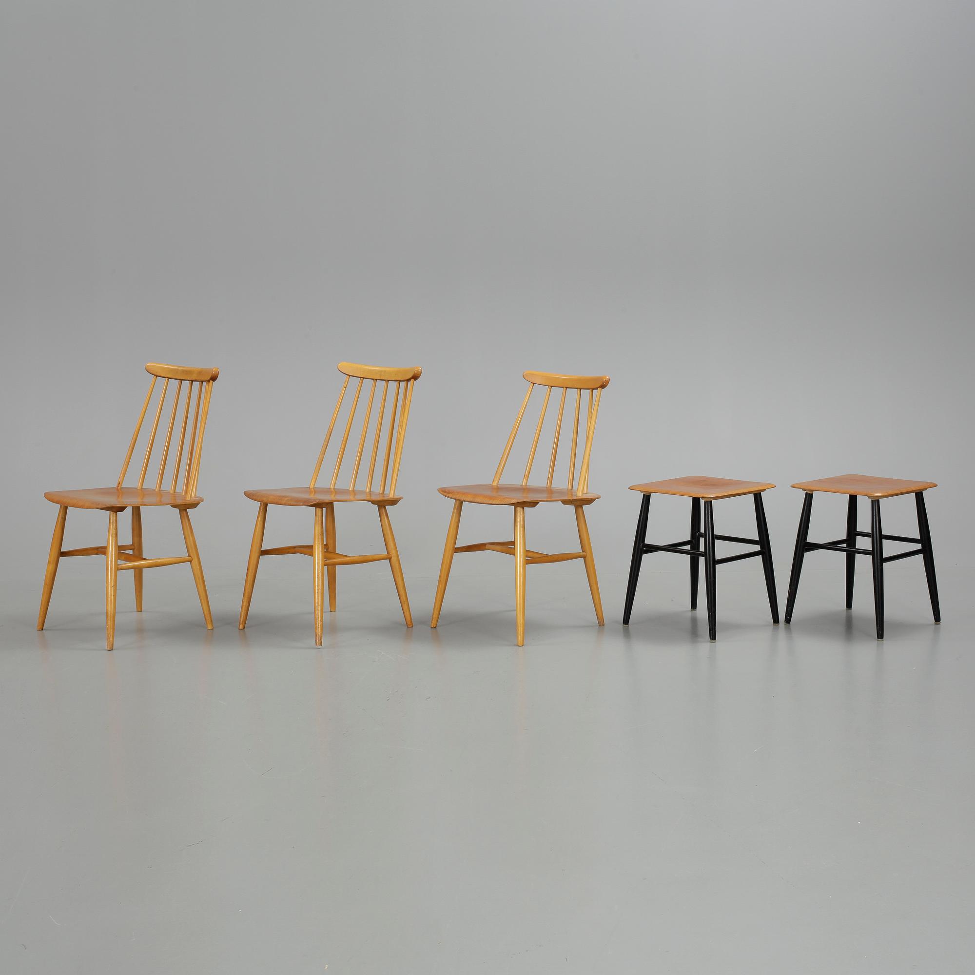 STOLAR, 3 st, samt PALLAR, 2 st, "Fanett", Ilmari Tapiovaara, Edsbyverken, 1900-talets andra hälft.