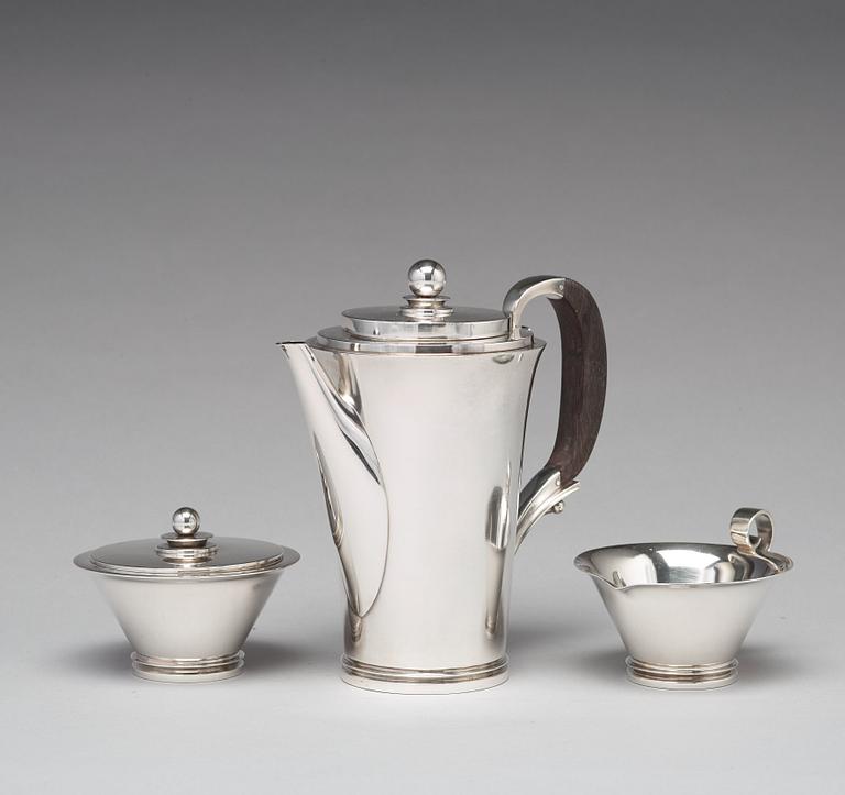 Harald Nielsen, a "Pyramid" sterling three pieces coffee service, Georg Jensen, Copenhagen 1933-44, designnr 600A,