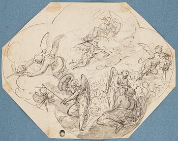 German school 18th Century. The Last Judgement. Unsigned. Octagonal. Inkwash, image: 20 x 25.5 cm, relined...