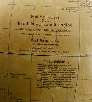 JORDGLOB, Dr. Krauses Handels- och Samfärdsglob, Leipzig, 1900-talets första hälft.