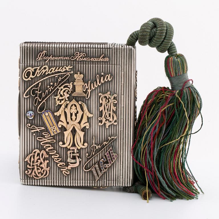 Silver box, gold, enamel, rose-cut diamonds, saphires and rubies (possibly synthetic), silk chord, St Petersburg.