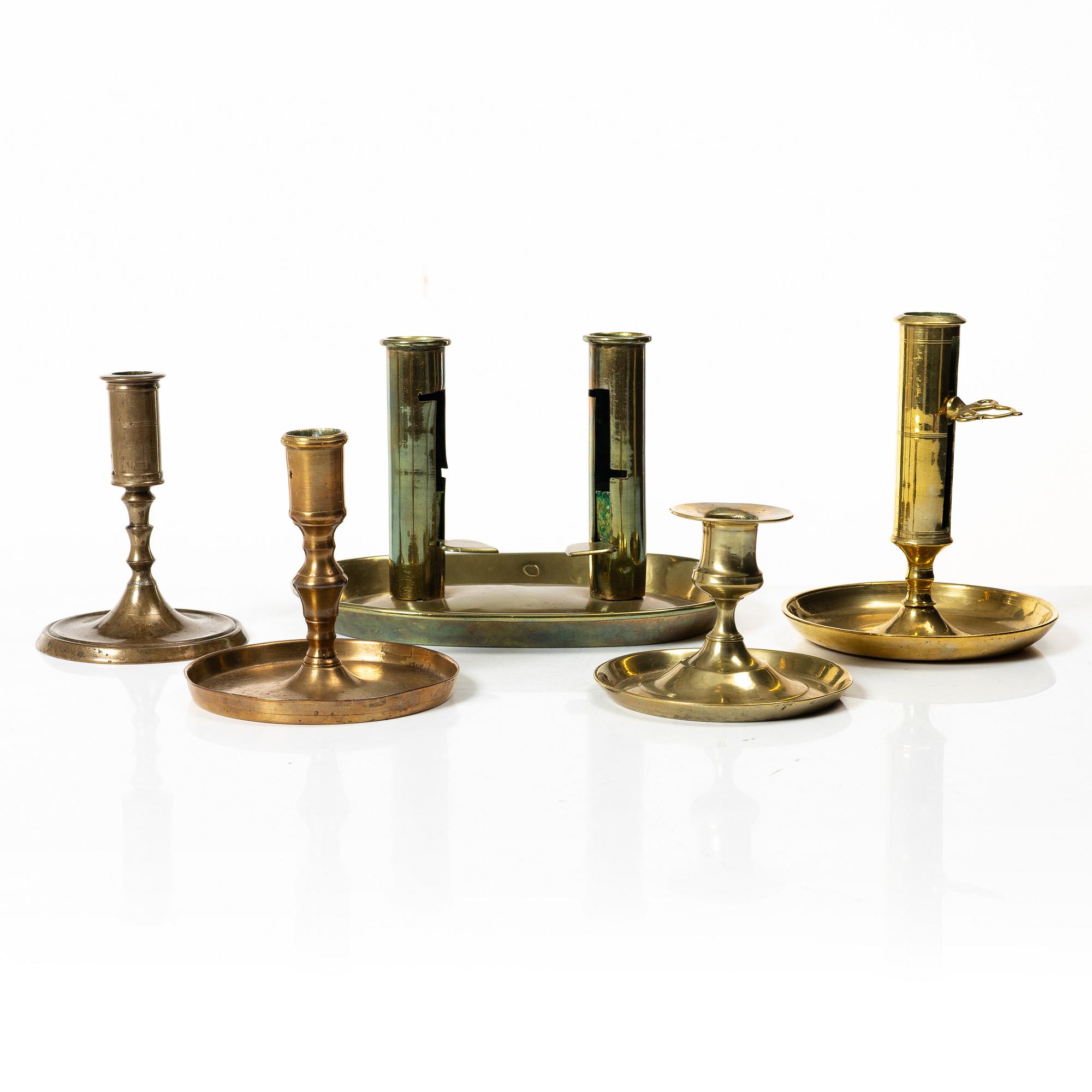 Candelabra, 4 pcs, and a chamberstick for two candles, brass, 19th century.
