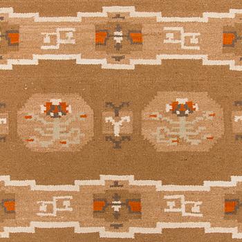 A finnish flat weave carpet 'What shall I do?', manufacturer Laura Korpikaivo-Tamminen. Circa 350 x 260 cm.