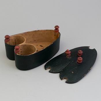 A 19th century folks wooden box in the shape of a loveheart, signed ANS.