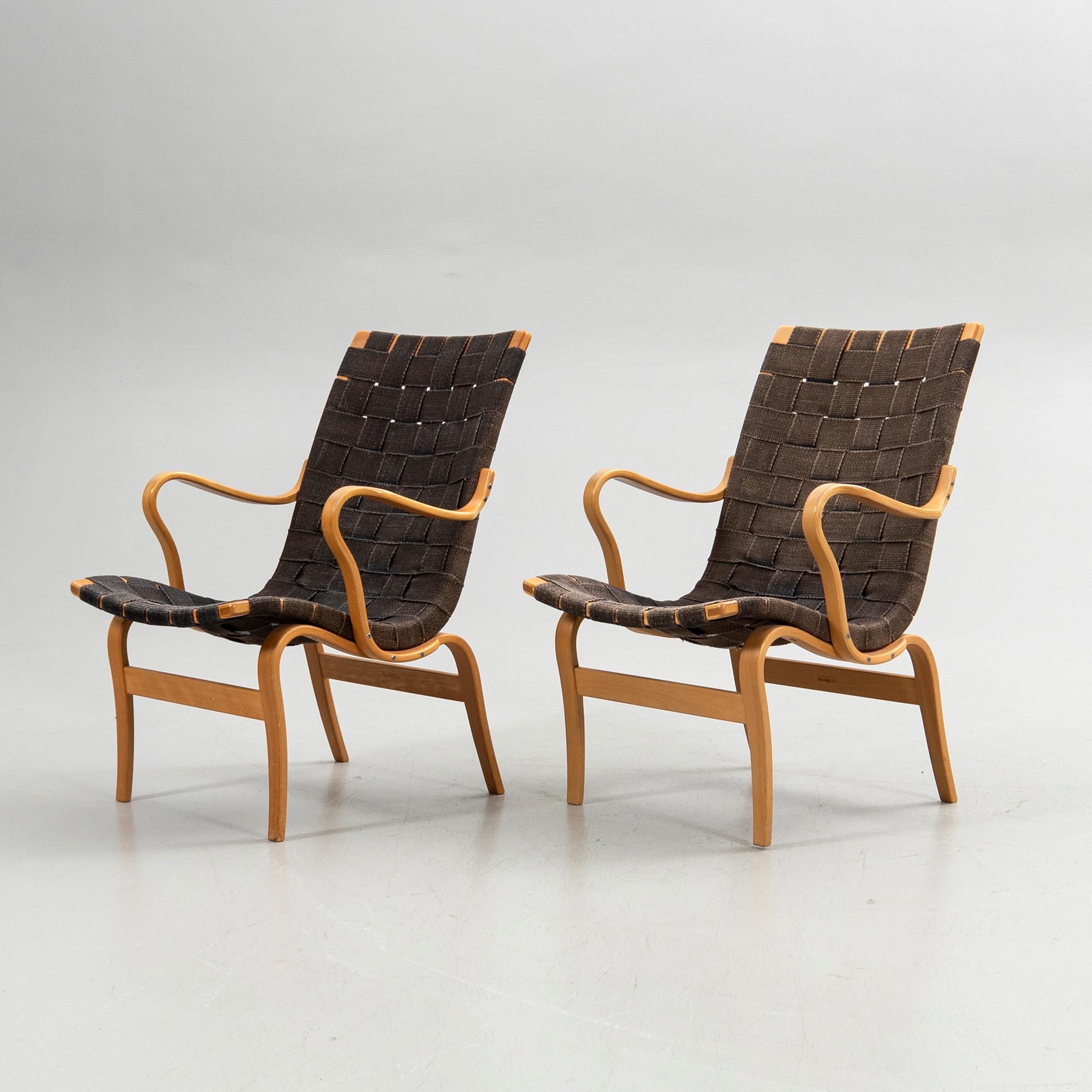 Bruno Mathsson, armchairs, a pair, "Eva", Bruno Mathsson International, Värnamo, second half of the 20th century.