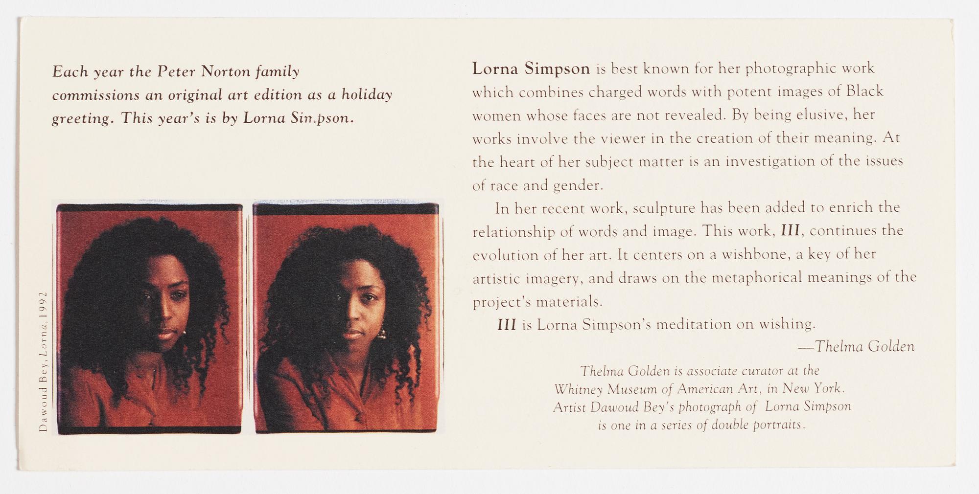 Lorna Simpson, multipel, 1994, Peter Norton Family Christmas Project 1994.