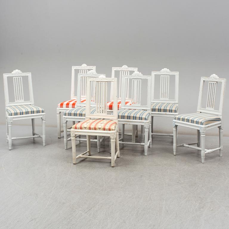 8 gustavian style chairs, (5+2+1), 19th century.