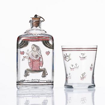 Peder Nyblom, a painted glass bottle and beaker, Orrefors 1924.