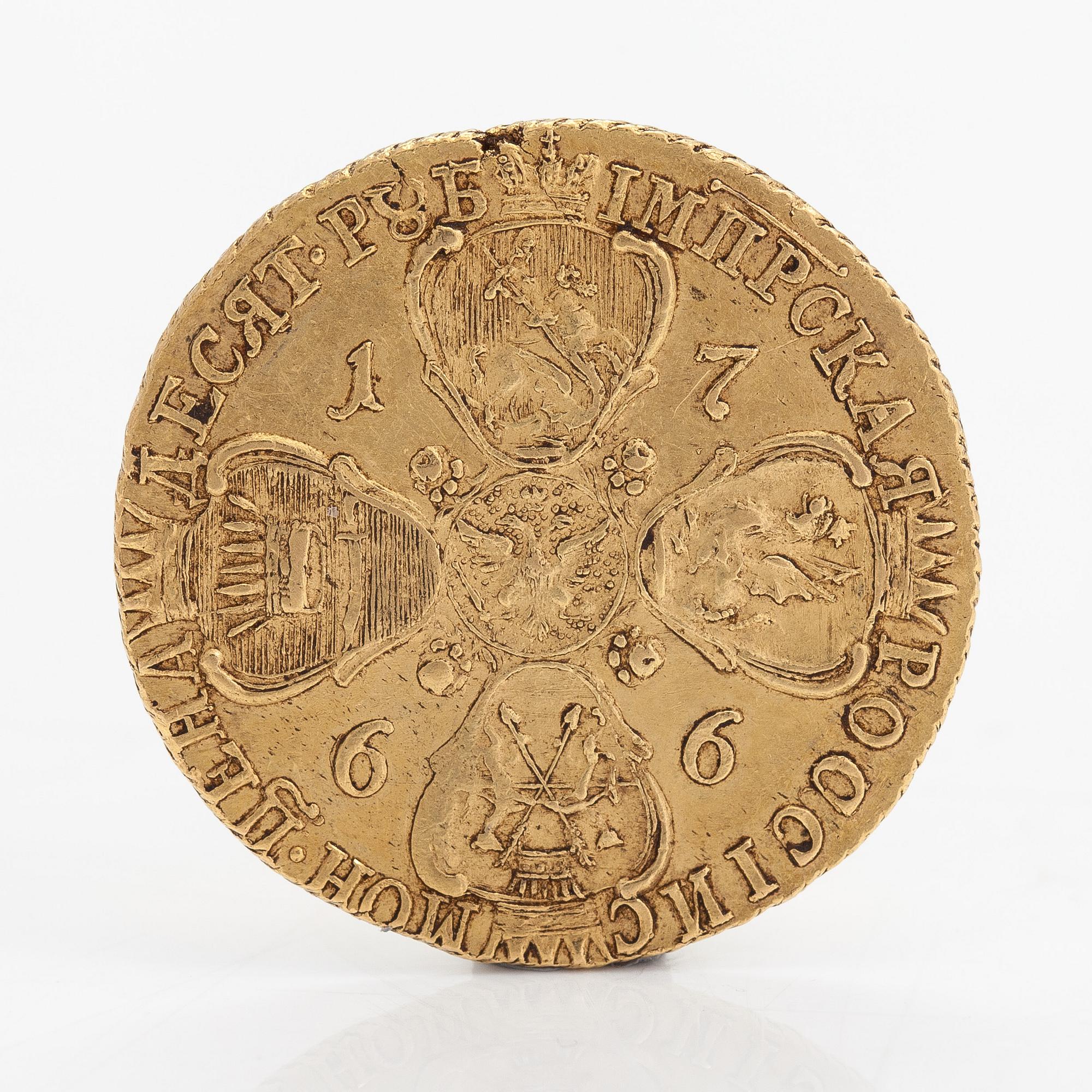A Catherine II gold coin, 10 Roubles, Russia 1766.