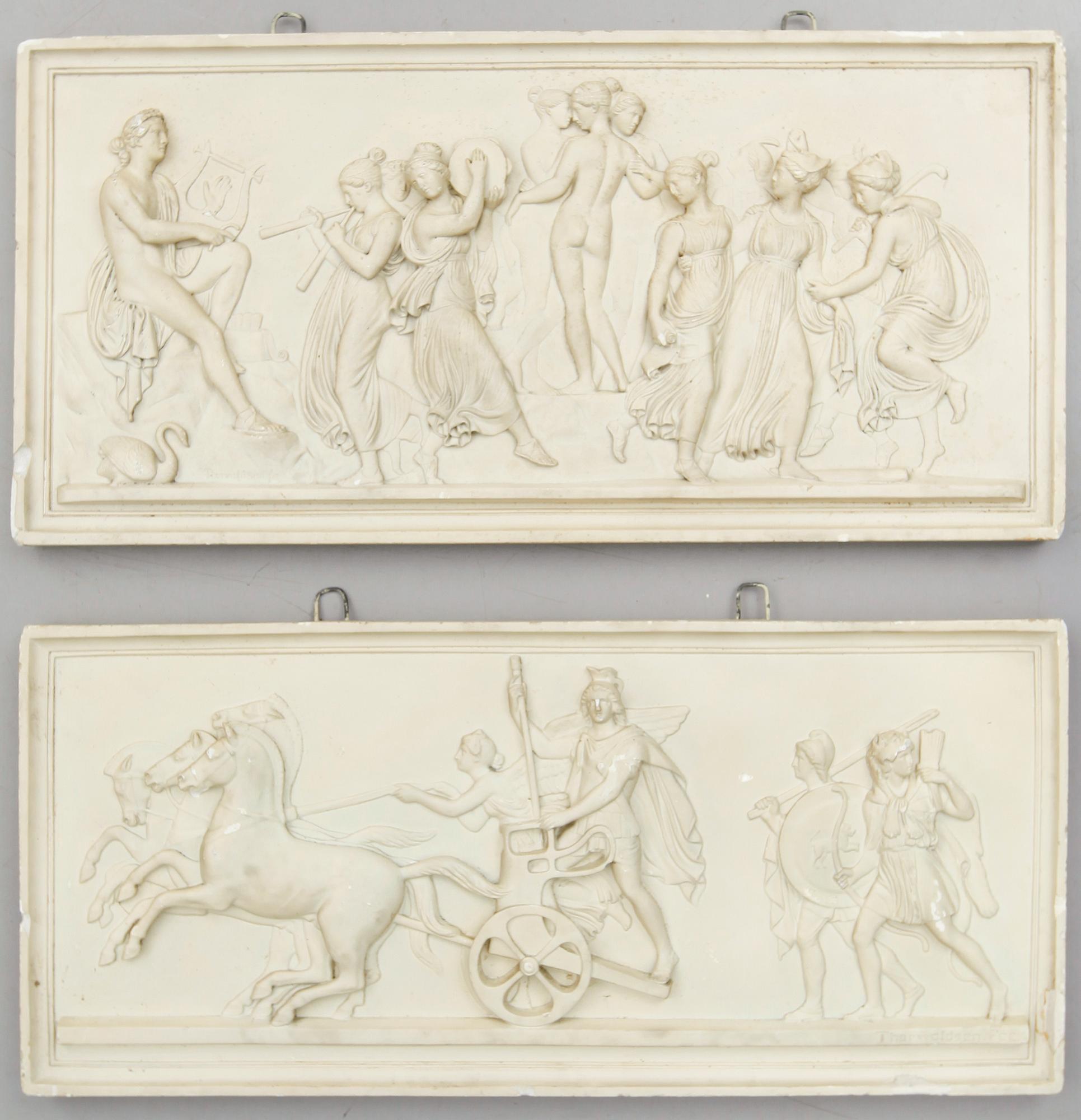 BERTEL THORVALDSEN, efter, väggreliefer, 2 st, gips, 1900-talets första hälft.