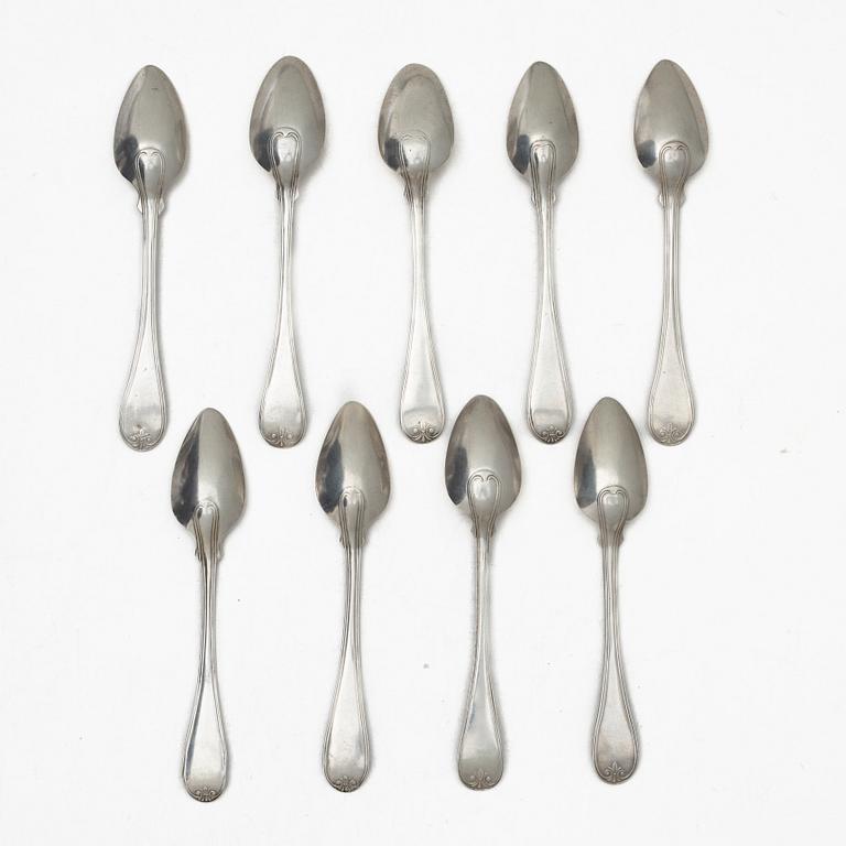 Nine Swedish silver teaspoons from Karlskrona, including with mark of Petter Fredrik Sundberg, 1853.