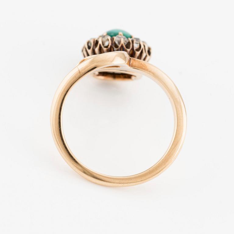 En ring och ett par örhängen, 14K guld med turkoser och gammalslipade diamanter.