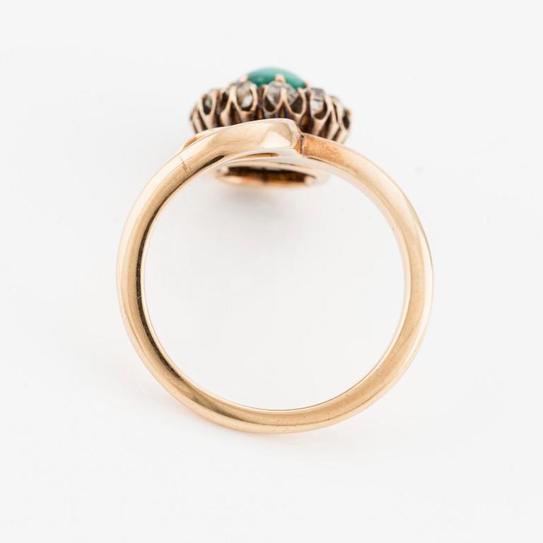 A 14K gold ring and a pair of earrings with turquoises and old cut diamonds.