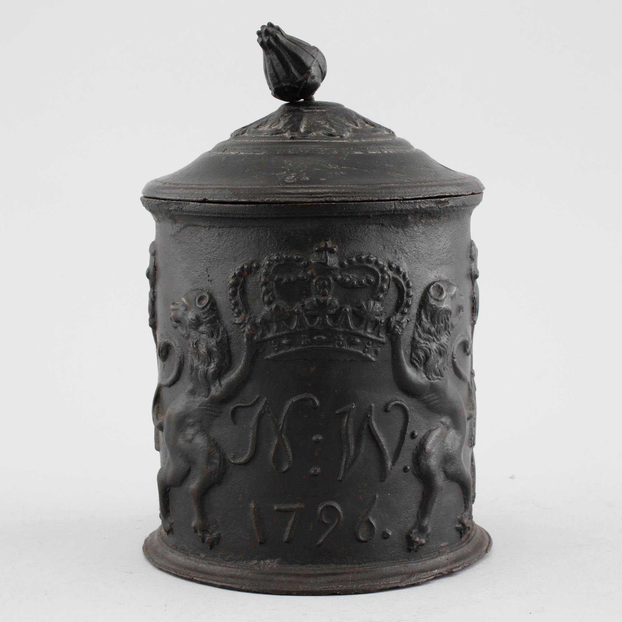 A cast iron tobacco jar from Hällerforsnäs bruk, dated 1796