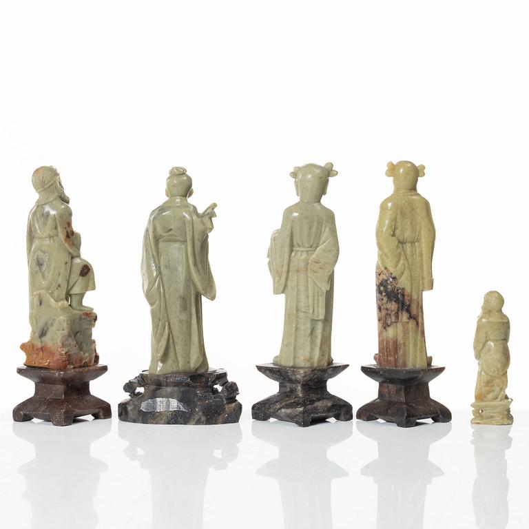 Figuriner, nio stycken, soapstone, Kina, sen Qingdynasti / 1900-tal.