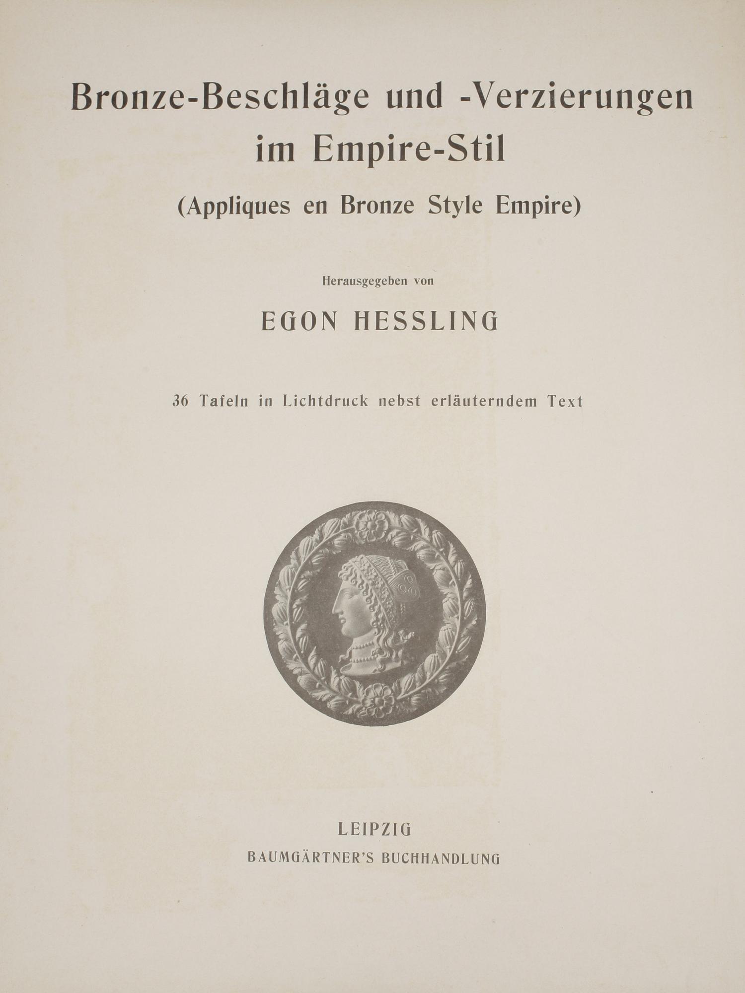 BOKMAPP MED 36 PLANSCHER, "Broze -Beschläge und-Verzierungen im Empire-Stil" utg. av Egon Hessling, Leipzig.