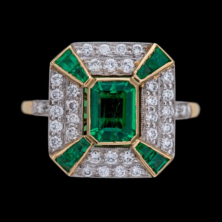 RING, emeralds and brilliant cut diamonds, tot. app. 0.65 cts, England.