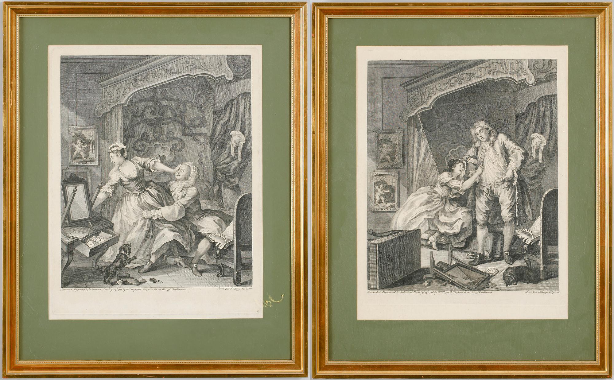 WILLIAM HOGARTH, efter, 2 st, kopparstick, 1700-tal.