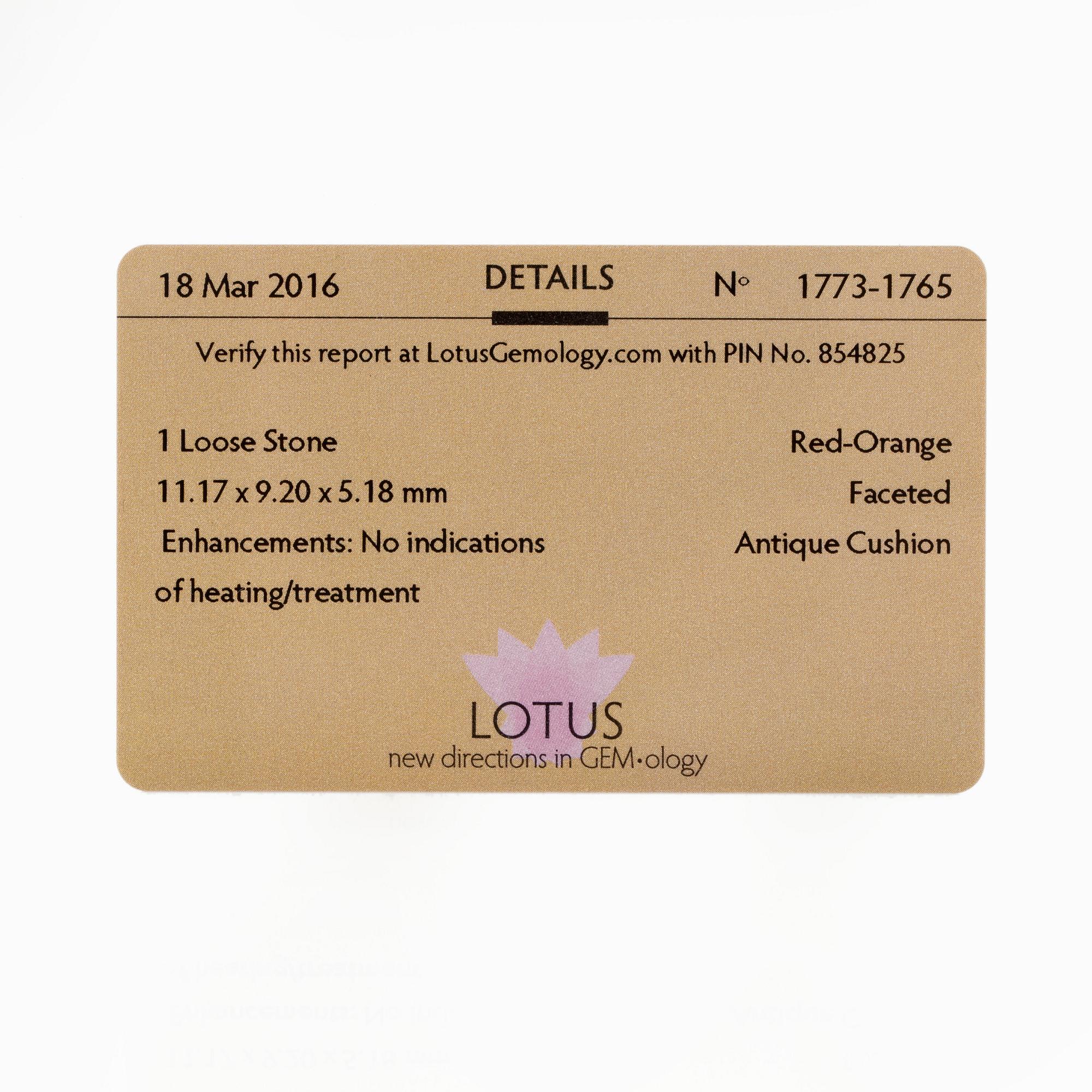 A 5.12 ct unheated red-orange sapphire and brilliant cut diamond ring. Total carat weight of diamonds circa 1.48 cts.