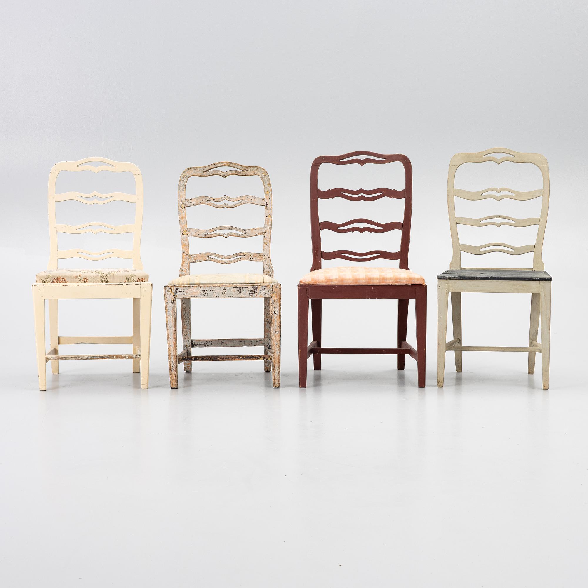 Nine chairs, so-called laughing chairs, 17th and 18th Century.