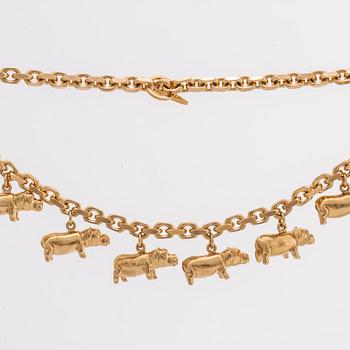 GOLD NECKLACE 18K w 6 charms shaped as hippopotamuses, 110,8 g, Lomelius Malmö.