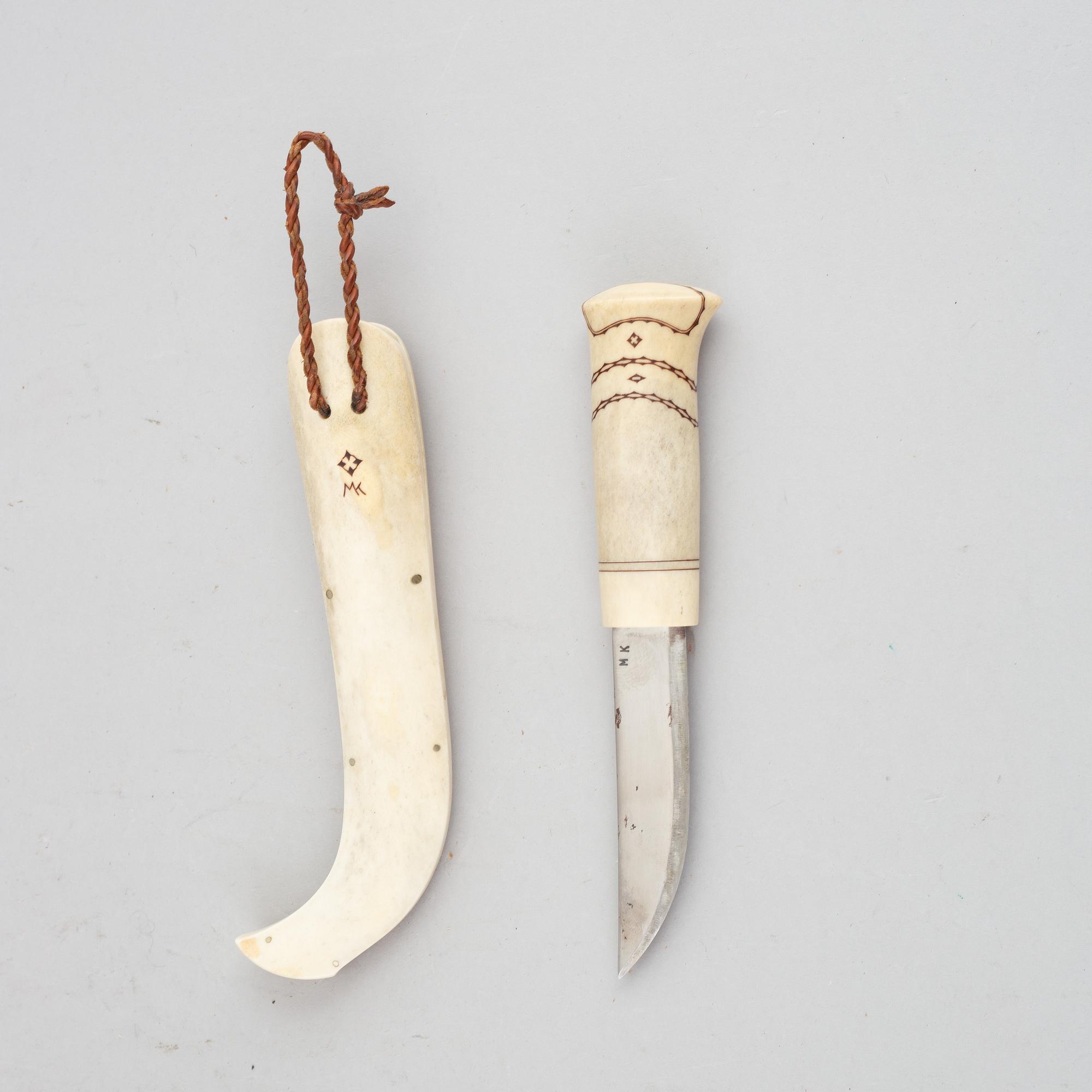 Martin Kuorak, a Sami reindeer horn knife, signed.