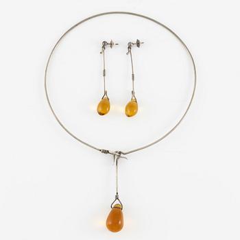 Vivianna Torun Bülow-Hübe, necklace and earrings, silver with amber-coloured glass drops.