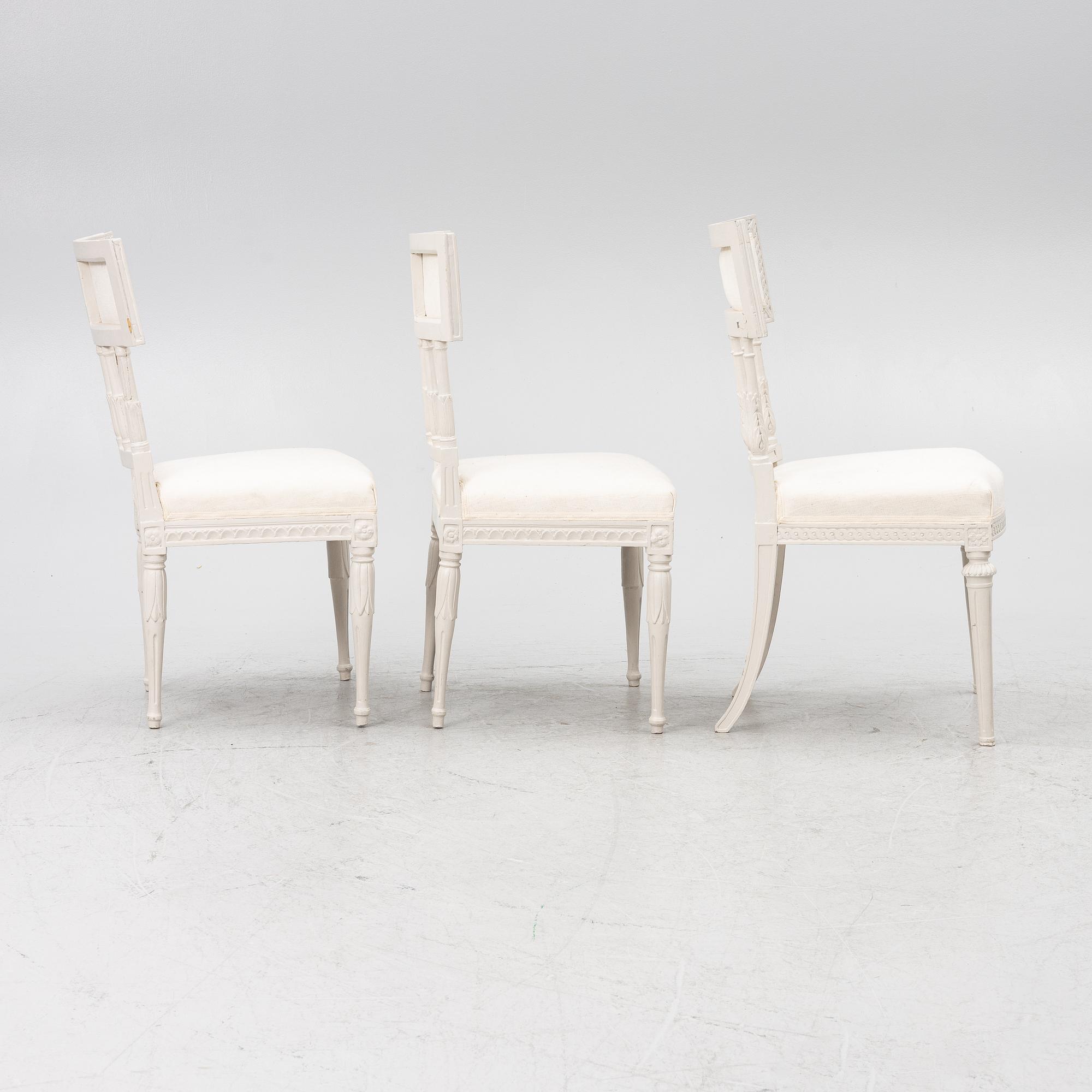 A set of three (2+1) late Gustavian chairs, Stockholm, late 18th century.
