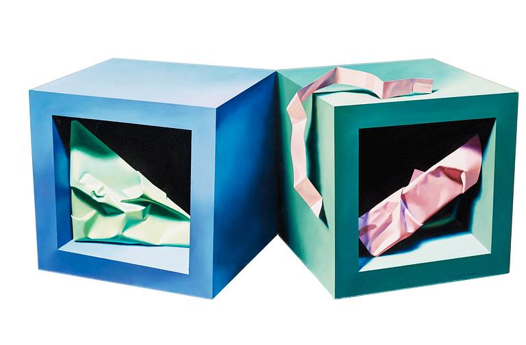 Yrjö Edelmann, "Two cubes with paper objects".