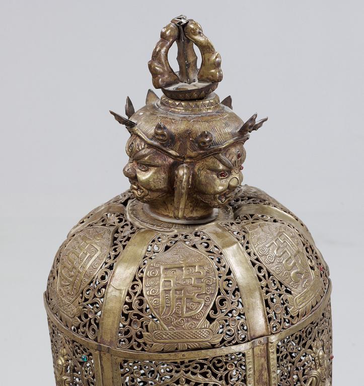 A large copper alloy incense burner, Tibet or Mongolia 19th Century.