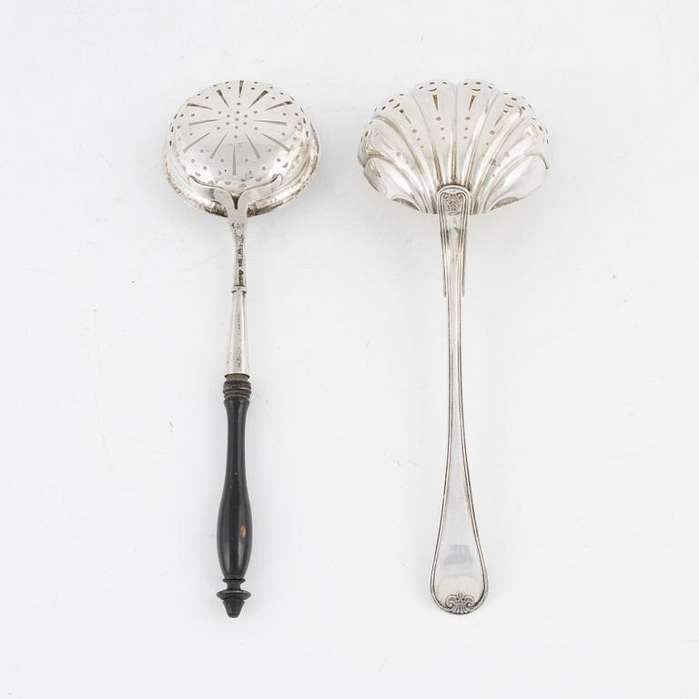 Two Swedish Silver Sprinkle Spoons and Two Dishes.