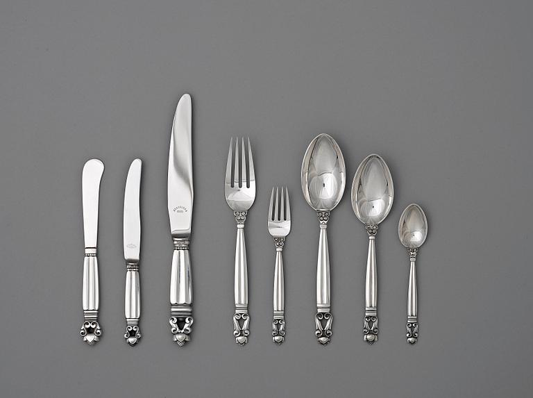 Johan Rohde, bestickuppsättning, 86 delar, modell Konge/Acorn, Georg Jensen & Wendel, Köpenhamn 1945-51, sterling.