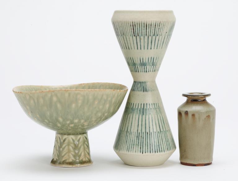 A Carl Harry Stålhane stoneware bowl and two vases, Rörstrand.
