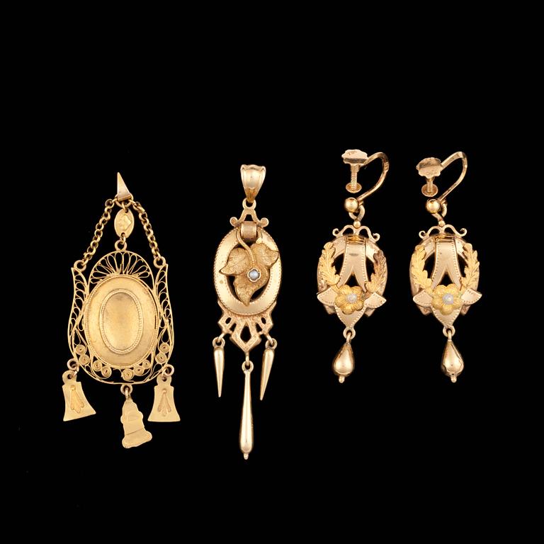 ÖRHÄNGEN & HÄNGEN, ett par + 2st, 18k guld. 1800-tal, bla John Petterson, Stockholm, (verksam 1874-1905). Vikt ca 9,6g.