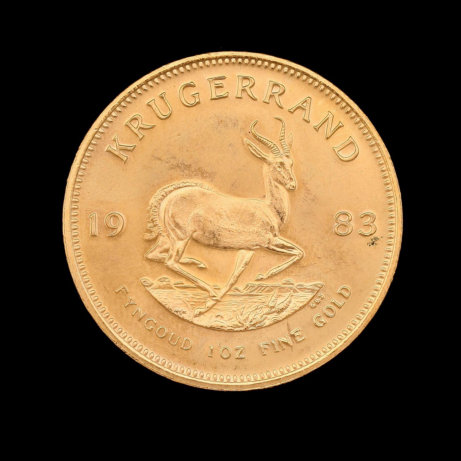 GULDMYNT, finguld, Krugerrand, Sydafrika, 1983. Vikt ca 34 g.