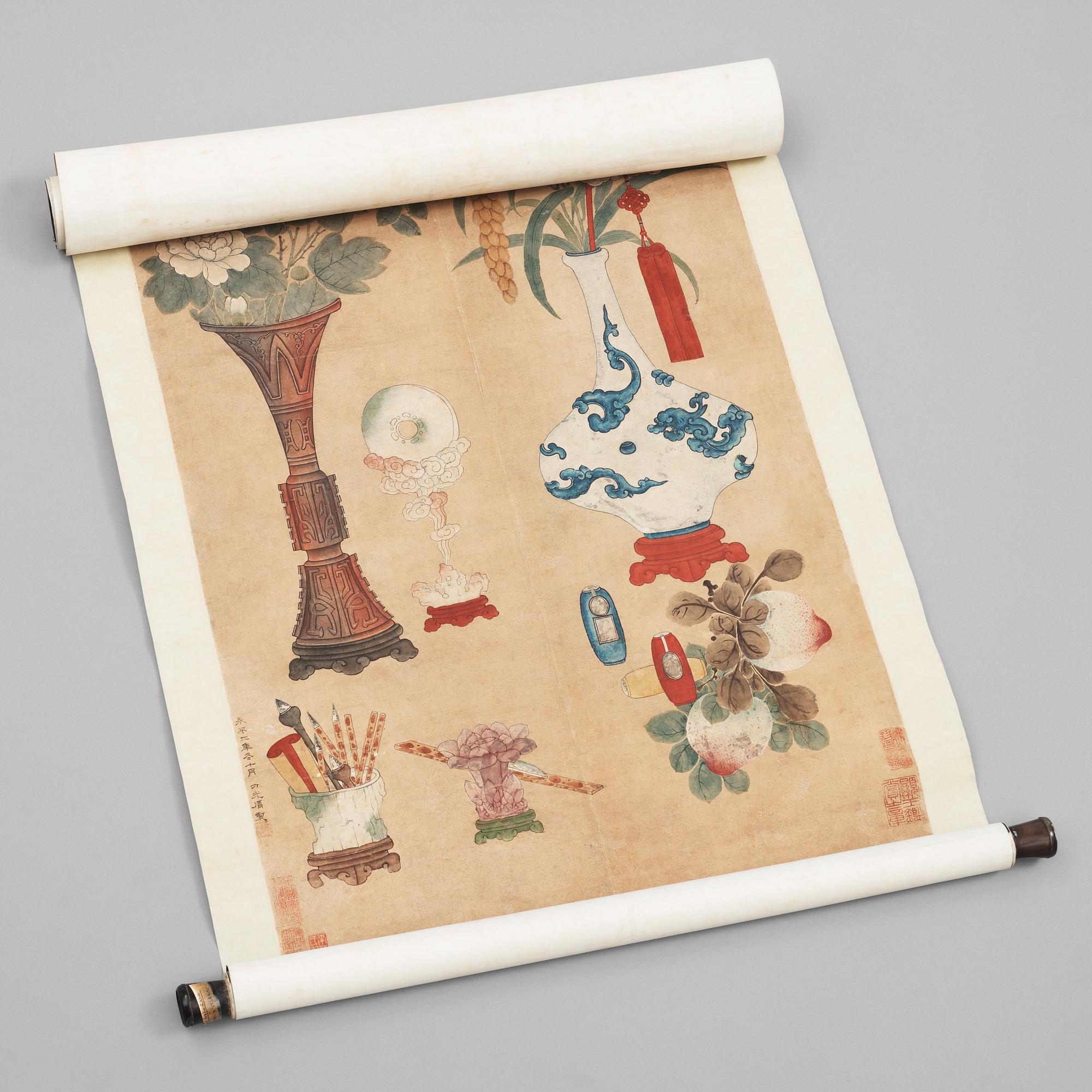 A hanging scroll with flowers and items from the scholars desk, late Qing dynasty (1644-1912).